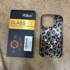 kate spade Clear iPhone Case with Black Leopard Print 14pro.&2screen protector